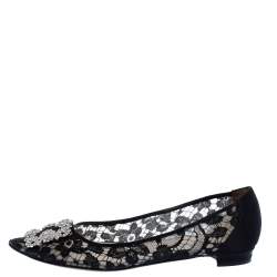 Pre Owned Manolo Blahnik Black Lace and Satin Hangisi Ballet Flats Size 38.5