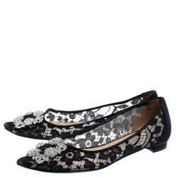 Pre Owned Manolo Blahnik Black Lace and Satin Hangisi Ballet Flats Size 38.5