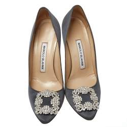 Pre Owned حذاء كعب عالى مانولوبلانيك هانغيسى ساتان رمادى داكن مقاس 36