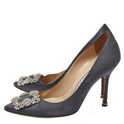 Pre Owned حذاء كعب عالى مانولوبلانيك هانغيسى ساتان رمادى داكن مقاس 36