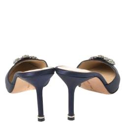 Manolo Blahnik Navy Blue Satin Hangisi Pointed Toe Mules Size 38.5