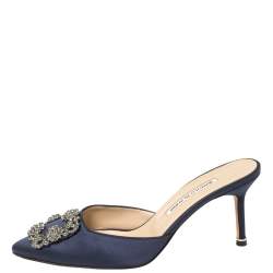 Manolo Blahnik Navy Blue Satin Hangisi Pointed Toe Mules Size 38.5