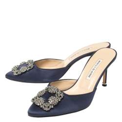 Manolo Blahnik Navy Blue Satin Hangisi Pointed Toe Mules Size 38.5
