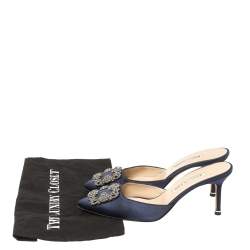 Manolo Blahnik Navy Blue Satin Hangisi Pointed Toe Mules Size 38.5