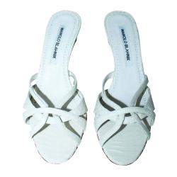Pre Owned Manolo Blahnik White Leather Kitten heel Mules Size 35
