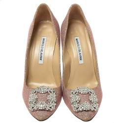 Pre Owned حذاء كعب عالى مانولو بلانيك مقدمة مدببة زخرفة كريستال هانغيسى قماش غليتر متعدد الألوان مقاس 37