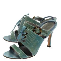 Manolo Blahnik Turquoise Lizard Corset Slingback Open Toe Sandals Size 40