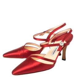 Pre Owned Manolo Blahnik Red Satin Ankle Strap Sandals Size 37