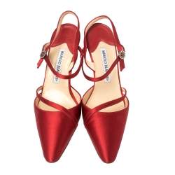 Pre Owned Manolo Blahnik Red Satin Ankle Strap Sandals Size 37