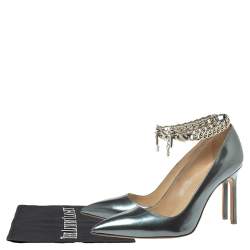 Pre Owned Manolo Blahnik Grey Metallic Leather Chain Link Pointed Toe Pumps Size 37