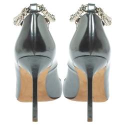 Pre Owned Manolo Blahnik Grey Metallic Leather Chain Link Pointed Toe Pumps Size 37