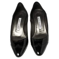 Pre Owned حذاء كعب عالى مانولو بلانيك كعب كيتين جلد لامع بروغ أسود مقاس 37.5