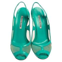 Manolo Blahnik Green Leather Slingback  Peep Toe Sandals Size 40