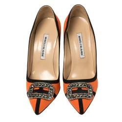 Pre Owned Manolo Blahnik Orange Satin Gotrian Crystal Embellished Pumps Size 40