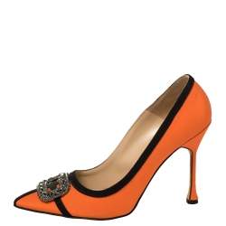 Pre Owned Manolo Blahnik Orange Satin Gotrian Crystal Embellished Pumps Size 40
