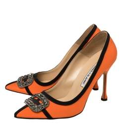 Pre Owned Manolo Blahnik Orange Satin Gotrian Crystal Embellished Pumps Size 40