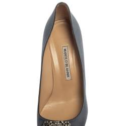 Pre Owned Manolo Blahnik Dark Grey Satin Hangisi Crystal Embellished Pointed Toe Pumps Size 41