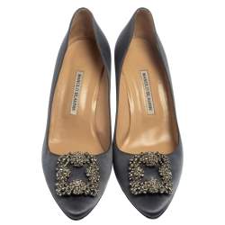 Pre Owned Manolo Blahnik Dark Grey Satin Hangisi Crystal Embellished Pointed Toe Pumps Size 41