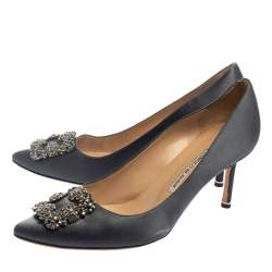 Pre Owned Manolo Blahnik Dark Grey Satin Hangisi Crystal Embellished Pointed Toe Pumps Size 41