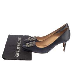 Pre Owned Manolo Blahnik Dark Grey Satin Hangisi Crystal Embellished Pointed Toe Pumps Size 41