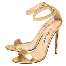 Pre Owned Manolo Blahnik Gold Leather Spezia Ankle Strap Sandals Size 38.5