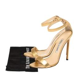 Pre Owned Manolo Blahnik Gold Leather Spezia Ankle Strap Sandals Size 38.5