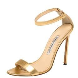 Pre Owned Manolo Blahnik Gold Leather Spezia Ankle Strap Sandals Size 38.5