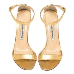 Pre Owned Manolo Blahnik Gold Leather Spezia Ankle Strap Sandals Size 38.5