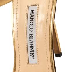Pre Owned Manolo Blahnik Gold Leather Spezia Ankle Strap Sandals Size 38.5
