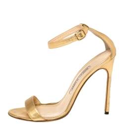 Pre Owned Manolo Blahnik Gold Leather Spezia Ankle Strap Sandals Size 38.5