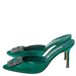 مملوكة مسبقًا Manolo Blahnik Green Satin Hangisi  Mules Sandal Size 39