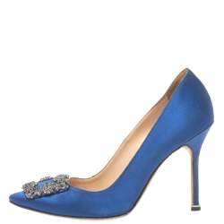 Pre Owned Manolo Blahnik Blue Satin Hangisi  Pumps Size 38.5