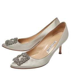 Manolo Blahnik Grey Satin Hangisi Pointed Toe Pumps Size 39