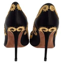  Manolo Blahnik Black Satin Embroidered Pointed Toe Pumps Size 34.5