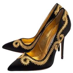  Manolo Blahnik Black Satin Embroidered Pointed Toe Pumps Size 34.5