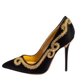  Manolo Blahnik Black Satin Embroidered Pointed Toe Pumps Size 34.5