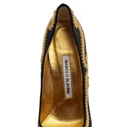  Manolo Blahnik Black Satin Embroidered Pointed Toe Pumps Size 34.5