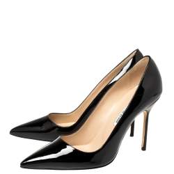 Pre Owned حذاء كعب عالي مانولو بلانيك جلد أسود لامع بي بي مقدمة مدببة مقاس 39.5