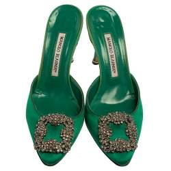 Manolo Blahnik Royal Green Satin Hangisi Pointed Toe Mules Size 36.5 