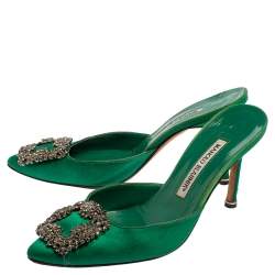 Manolo Blahnik Royal Green Satin Hangisi Pointed Toe Mules Size 36.5 