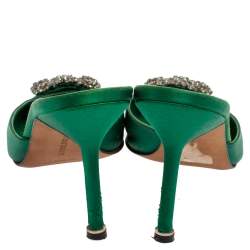 Manolo Blahnik Royal Green Satin Hangisi Pointed Toe Mules Size 36.5 