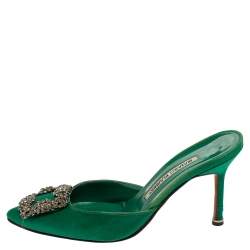 Manolo Blahnik Royal Green Satin Hangisi Pointed Toe Mules Size 36.5 