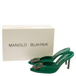 Manolo Blahnik Royal Green Satin Hangisi Pointed Toe Mules Size 36.5 