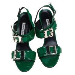 Pre Owned Manolo Blahnik Green Patent Leather Open Toe Ankle Strap Sandals Size 39