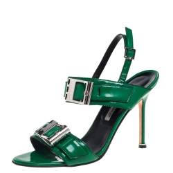 Pre Owned Manolo Blahnik Green Patent Leather Open Toe Ankle Strap Sandals Size 39