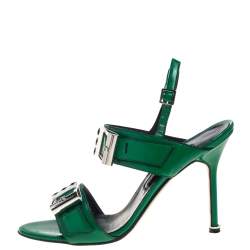 Pre Owned Manolo Blahnik Green Patent Leather Open Toe Ankle Strap Sandals Size 39