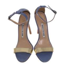 Pre Owned Manolo Blahnik Blue/Gold Leather Ankle Strap Sandals Size 37