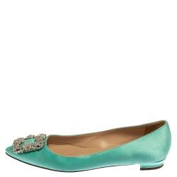 مملوكة مسبقًا Manolo Blahnik Aqua Green Satin Hangisi Pointed Toe Flats Size 38