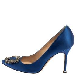 Pre Owned Manolo Blahnik Blue Satin Hangisi  Pumps Size 39.5