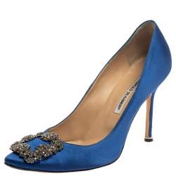 Pre Owned Manolo Blahnik Blue Satin Hangisi  Pumps Size 39.5